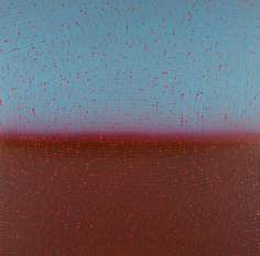 Teo Gonzalez, Arch/Horizon Painting 6, 2016, Acrylic on canvas over board, 48 x 48 inches. Sky blue and dark red background with signature grid on top. Teo Gonzalez was born in Spain, and his signature style are works that consist of thousands of drops of water, arranged into a grid pattern, inside of which a small amount of ink or enamel was dropped and left to dry.