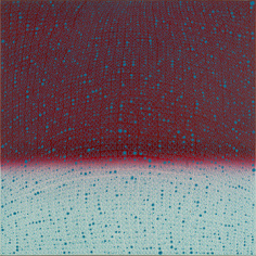 Teo Gonzalez, Arch/Horizon Painting 2, 2015, Acrylic on canvas over board, 24 x 24 inches. Light turquoise and dark magenta background with signature grid on top. Teo Gonzalez was born in Spain, and his signature style are works that consist of thousands of drops of water, arranged into a grid pattern, inside of which a small amount of ink or enamel was dropped and left to dry.