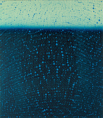 Teo Gonzalez, Arch/Horizon Painting 3, 2015, Acrylic on canvas over board, 48 x 42 inches. Teal and navy blue background with signature grid on top. Teo Gonzalez was born in Spain, and his signature style are works that consist of thousands of drops of water, arranged into a grid pattern, inside of which a small amount of ink or enamel was dropped and left to dry.