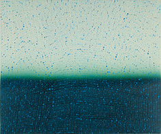 Teo Gonzalez, Arch/Horizon Painting 4, 2015, Acrylic on canvas over board, 36 x 44 inches.Light teal and aegean blue background with signature grid on top. Teo Gonzalez was born in Spain, and his signature style are works that consist of thousands of drops of water, arranged into a grid pattern, inside of which a small amount of ink or enamel was dropped and left to dry.