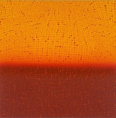 Teo Gonzalez, Arch/Horizon Painting 1, 2015, Acrylic on canvas over board, 24 x 24inches. Orange and dark maroon background with signature grid on top. Teo Gonzalez was born in Spain, and his signature style are works that consist of thousands of drops of water, arranged into a grid pattern, inside of which a small amount of ink or enamel was dropped and left to dry.