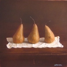 Still Life with Three Pears on a Doily, hand-colored gelatin silver print, 9 x 9 inches