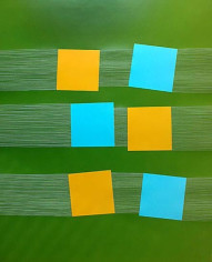 Three Orange and three Blue Squares with Horizontal Lines on Green, 2005