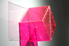 Marta Chilindron. Pink Wall Cube, 2007, fluorescent pink and clear acrylic and hinges, 15 x 31 x 11 in.