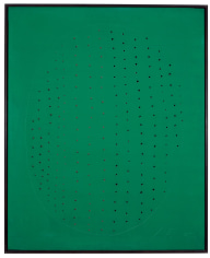 Lucio Fontana, Concetto Spaziale, 1966 ​Waterbased paint on canvas with multiple holes (green) 100 x 81 cm. (38 3/8 x 31 7/8 in.) This painting only features one color a rich clover green.  The shape of the canvas is a horizontal rectangular shape, an oval circle occupies most of the canvas it is slightly delineated with a thin line barely visible produced with a tip.  The circle is perforated by multiple small holes, arranged in fifteen horizontal lines contained inside the oval shape.