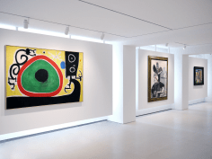 Installation view of Selected Works by 20th Century Masters featuring three paintings on the same wall of the main gallery space. From left to right, Joan Mir&oacute;, Oiseaux en F&ecirc;te pour le lever du Jour, 21 Mars 1968, 1968 Oil on canvas 130 x 195 cm. (51 1/8 x 76 3/8 in.), Pablo Picasso, Mousquetaire aux Oiseaux II, 13 January 1972, 1972 Oil on canvas 146 x 114 cm. (57 1/2 x 44 7/8 in.), Fernand L&eacute;ger, Objets dans l'espace, 1931 Oil on canvas 73 x 92 cm. (28 3/4 x 36 1/4 in.). Photography by Bianca Boragi. &copy;Helly Nahmad Gallery NY.