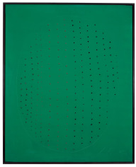 Lucio Fontana, Concetto Spaziale, 1966 ​Waterbased paint on canvas with multiple holes (green) 100 x 81 cm. (38 3/8 x 31 7/8 in.) This painting is covered by a smooth green surface, which is occupied by a wide oval shape that seemed to have been traced with the end of a brush. Inside this oval is fifteen vertical lines that have been done by holes. The artist have traced seven vertical lines on the right side of the circle by perforating holes from the front of the canvas. On the left side of the circle, he has depicted eight lines made of a line of holes that have been perforated from the back of the canvas. In many ways, Fontana's gestural paintings have been a pioneer to performance art.