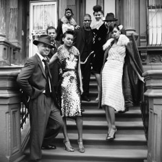 Arthur Elgort, Pianist Jason Moran, guitarist Mark Whitfield, saxophonist David S&aacute;nchez, and the band leader Paul Ellington, with models wearing outfits by Prada, 2000
