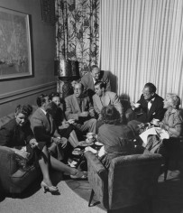 Slim Aarons, In the Lobby of the Lord Tarleton Hotel, Miami Beach, Florida, circa 1945: (from left to right) Mrs. Price, Georgie Price, Grace Green, Phil Silvers, Walter Jacobs, Eddie Cantor, Abel Green, and Ida Cantor