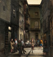 Gregory Gillespie Street in Madrid, 1963 oil and magazine photographs on wood 10 3/4 x 10 inches