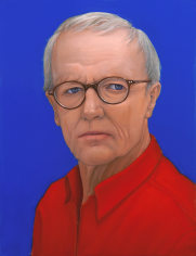 William Beckman, Self-Portrait Red on Blue, 2020, oil on panel, 21 1/8 x 16 1/4 inches