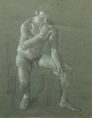John Koch, Seated Male Nude, c. 1973, pencil heightened by white chalk on paper, 11 3/4 x 9 1/4 inches