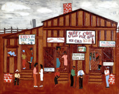 Winfred Rembert Jeff&rsquo;s Caf&eacute; &amp; Pool Room and Zeb&rsquo;s Shoe Shine, 1998 dye on carved and tooled leather 22 x 28 inches