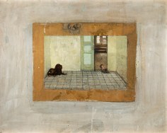 gregory gillespie, Dog and Doll in a Room, 1981, mixed media on board, 25 x 31 inches