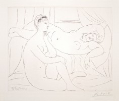Deux Femmes se reposant, 1931 (September 29, Boisgeloup) drypoint printed on laid Montval with Picasso watermark from the Suite Vollard 11 3/4 x 14 1/4 inches (image) 13 3/8 x 17 3/4 inches (sheet) 22 9/16 x 24 1/2 inches (framed) Edition of 260