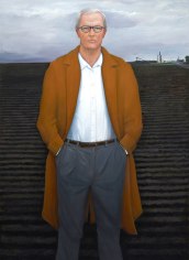 William Beckman, Overcoat with Plowed Field (Survival), 2018-19, oil on canvas, 100 x 73 inches