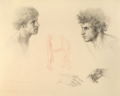 Claudio Bravo, Dos cabezas y manos (estudio para Luzbel y Lucifer) / Two Heads and Hands (Study for Luzbel and Lucifer), 1983, pencil on paper, 15 3/4 x 19 1/2 inches