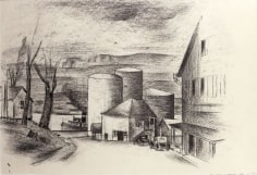 Konrad Cramer, Gas Tanks Along the Hudson River, Saugerties-on-Hudson, New York, c. 1930, black crayon, pen and India Ink on paper, 12 1/2 x 19 inches