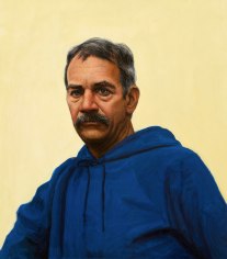 Gregory Gillespie, Self-Portrait in Blue Hooded Sweatshirt, 1993, oil and alkyd on board, 26 x 22 1/2 inches