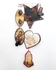 Fern O'Carolan You Are So Special To Us, 2022 Safety pin, 1940&rsquo;s photograph, latex prints, canvas, PVC, lacquer, rope, hair bow, crucifix, grommets, lock&nbsp; keyring, split rings and enamel paint.&nbsp; 157 x 53cm