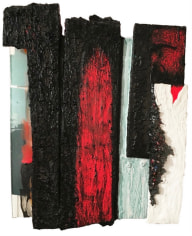 Image of len bellinger's abstract painting &quot;choir&quot; in reds, blacks and whites.