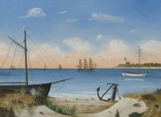 Image of sold Martha Cahoon oil painting of a Quiet Bay with Boats and Lighthouse in Distance.