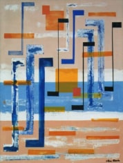 Image of Irene Rice Pereira's 1956 sold geometric abstract composition in blues and oranges.