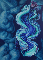 Image of Nikolina Kovalenko's painting entitled &quot;Flying Over the Clam's Nest&quot; showing a giant clam in a coral bed.