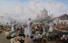 Image of impressionist Emil Barbarini oil painting of buyers and sellers at a Vienna Flower Market.