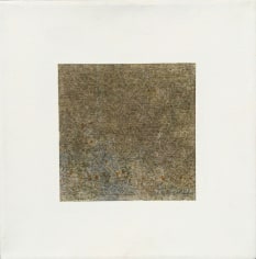 Image of abstract painting entitled &quot;Humim Alef&quot; by artist Jacob El Hanani which shows a large center area of beige, browns, black covered with scratch marks and surrounded by smooth, white painted canvas.