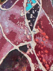Closeup detail image of Bluebird and Old Sour-Puss painting showing abstract artwork in mauve, pink. turquoise, deep purple and sand colors.
