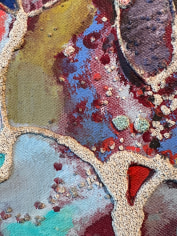 Closeup detail image of Bluebird and Old Sour-Puss painting showing abstract artwork in ochre, blues, magenta, red, aqua, purple and sand colors.