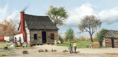 Image of sold painting by William Aiken Walker of a cabin with wash hanging on the line, and chickens, pig and a dog in the yard and several members of an African American family outside as well.