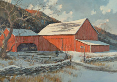 Image of sold oil painting by Eric Sloane depicting a barn in winter, lightly covered with snow.