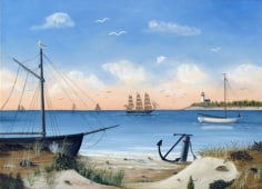 Image of sold Martha Cahoon's painting &quot;Quiet Bay with Boats and Lighthouse&quot;.