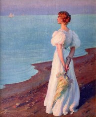 Image of Charles Courtney Curran sold painting titled On the Shore of Lake Erie, showing a woman in a long white dress, holding a furled umbrella looking out at the water.