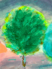Closeup detail image of untitled landscape by Naohiko Inukai of green and blue trees with a purple and red sky in the background.