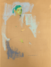 Untitled 1959 pastel of an abstract seated nude with green hair and a greenish-yellow face by Hans Burkhardt.