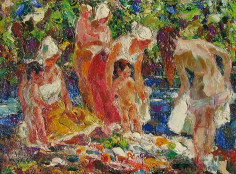 Image of sold John Costigan impressionist oil painting entitled &quot;The Bathers&quot; showing women and children near a stream or pond.
