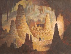 Image of John Atherton's 1950 painting entitled &quot;The Cavern&quot; showing three very small human figures in a giant cavern surrounded by stalagmites and stalagtites.