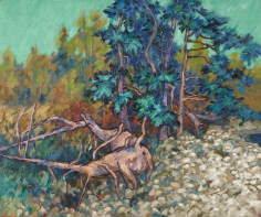 Image of oil painting by Easton Pribble of Spruce Trees on Cranberry Island, Maine (1974).