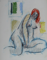 Image of 1971 sold pastel showing a seated nude woman with red hair by Hans Burkhardt.