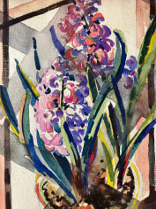Image of closeup detail of Jessie Bone Charman's watercolor of a potted hyacinth plant.