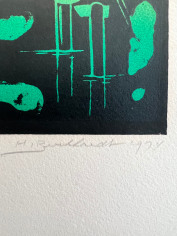 Image of signature on untitled 1974 abstract lithograph by Hans Burkhardt in greens, red and black.
