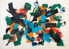 Image of abstract untitled (101) mixed media artwork by John Von Wicht in aqua, green, orange, black, red and brown.