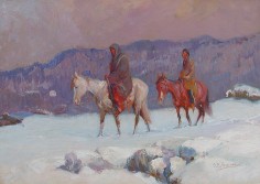 Image of Oscar Berninghaus' painting &quot;The Snow Covered Trail&quot; showing to figures on horseback walking through snow, available for sale at Caldwell Gallery Hudson.