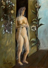 Image of sold oil painting by Julio de Diego of nude girl standing in a doorway with a veil.