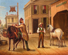 Image of Otis Bullard's 1853  painting titled &quot;Horse Trade Scene&quot; showing one man about to mount a horse that is chewing his pant leg, and another man standing my a mare and foal outside a stable.