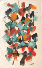 Image of sold mixed media John Von Wicht untitled painting in aqua, orange, red and black abstraction.