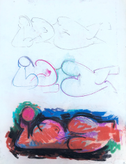 Image of three abstract pastel nudes reclining with their head propped up with one hand by Hans Burkhardt.